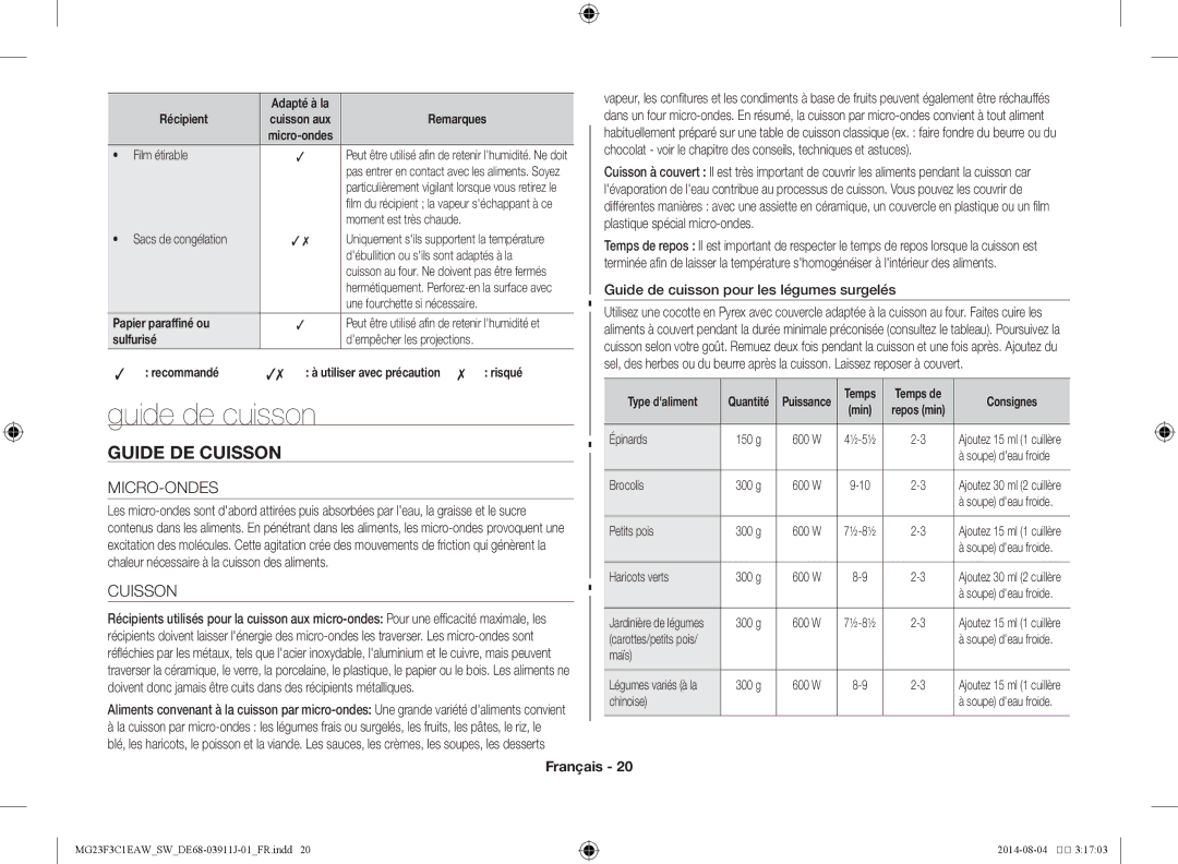 Samsung MG23F3C1EAS/SW manual Micro-Ondes, Guide de cuisson pour les légumes surgelés 