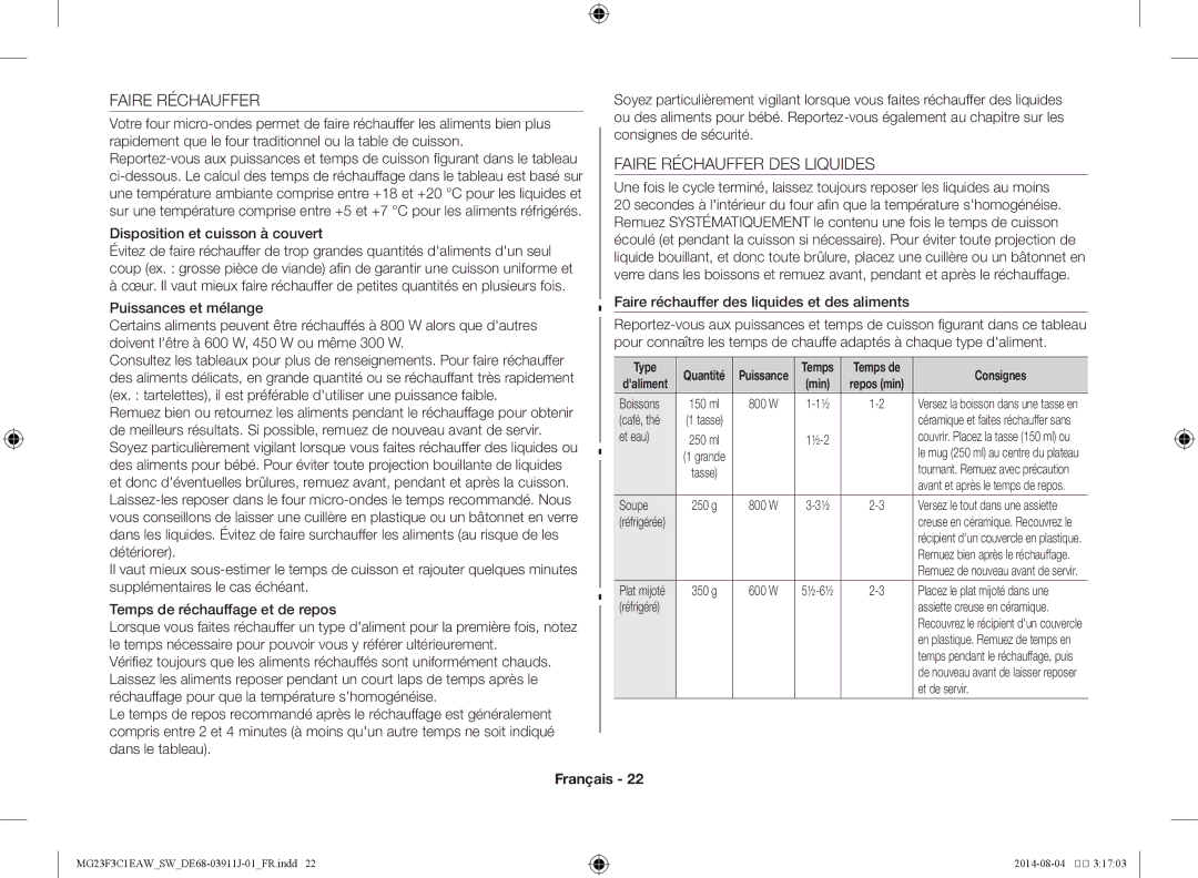 Samsung MG23F3C1EAS/SW manual Faire Réchauffer DES Liquides, Disposition et cuisson à couvert 