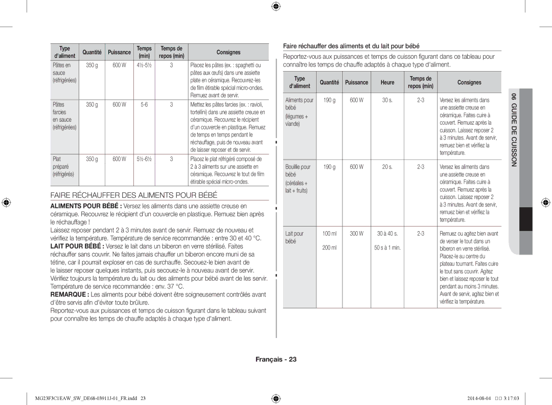 Samsung MG23F3C1EAS/SW Faire Réchauffer DES Aliments Pour Bébé, Faire réchauffer des aliments et du lait pour bébé, Heure 