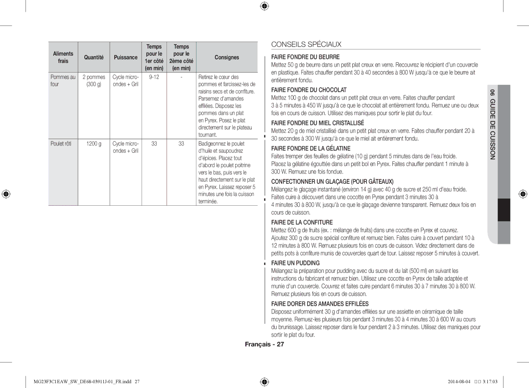 Samsung MG23F3C1EAS/SW manual Conseils Spéciaux 