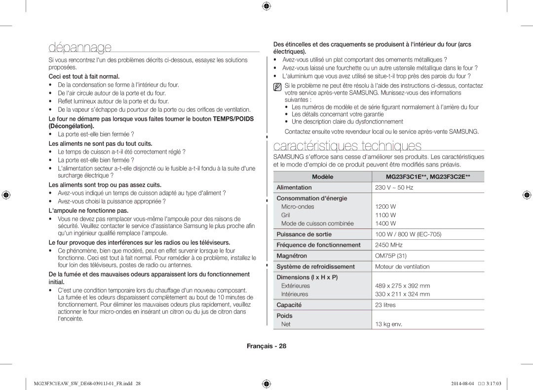 Samsung MG23F3C1EAS/SW manual Dépannage, Caractéristiques techniques, Modèle MG23F3C1E**, MG23F3C2E 