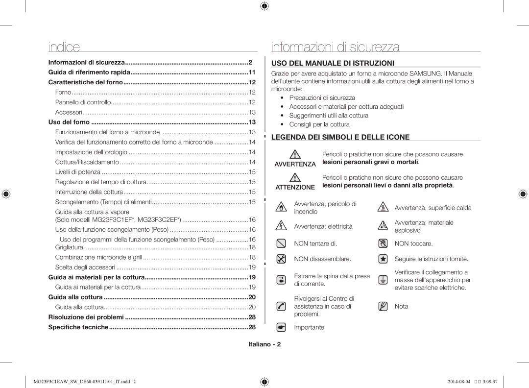 Samsung MG23F3C1EAS/SW manual Indice Informazioni di sicurezza 