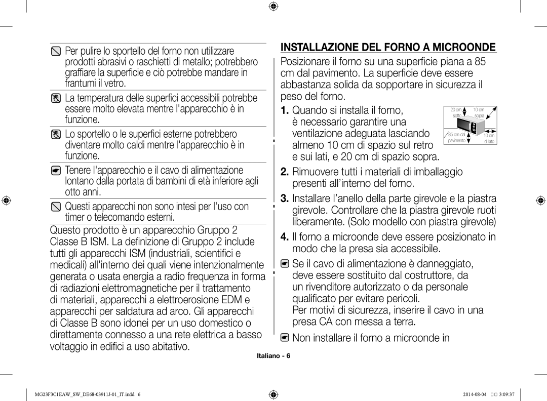 Samsung MG23F3C1EAS/SW manual Installazione del forno a microonde 