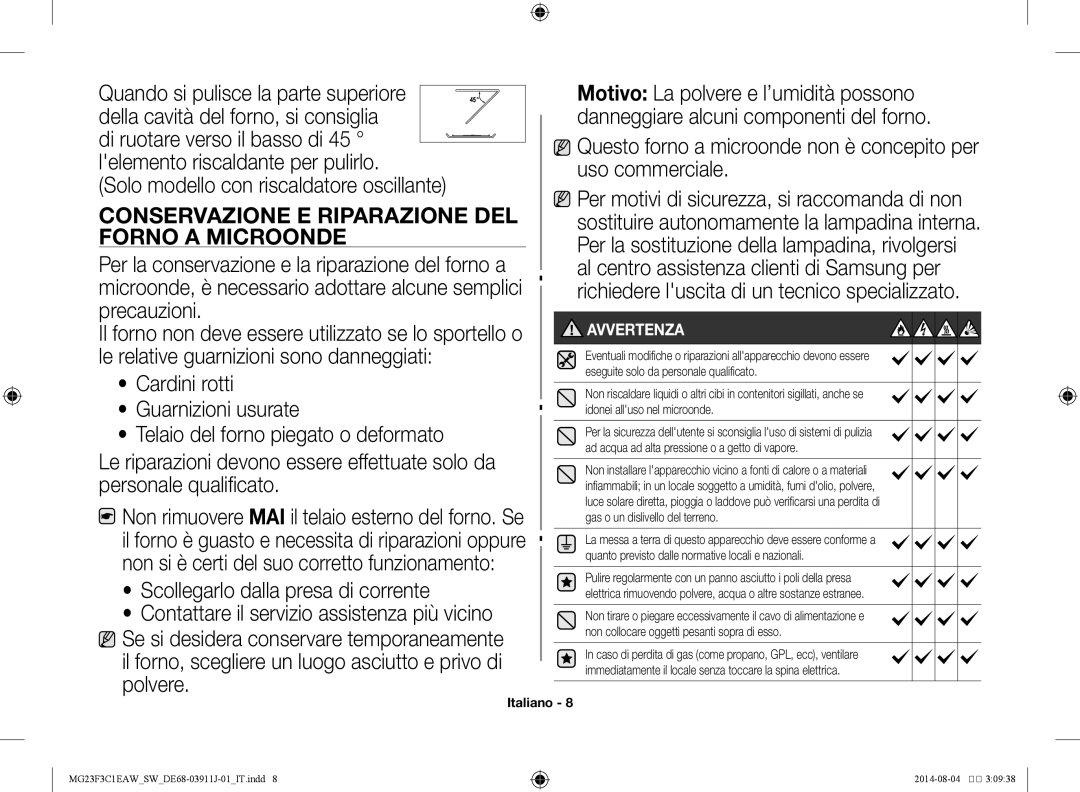 Samsung MG23F3C1EAS/SW manual Conservazione e riparazione del, Forno a microonde 