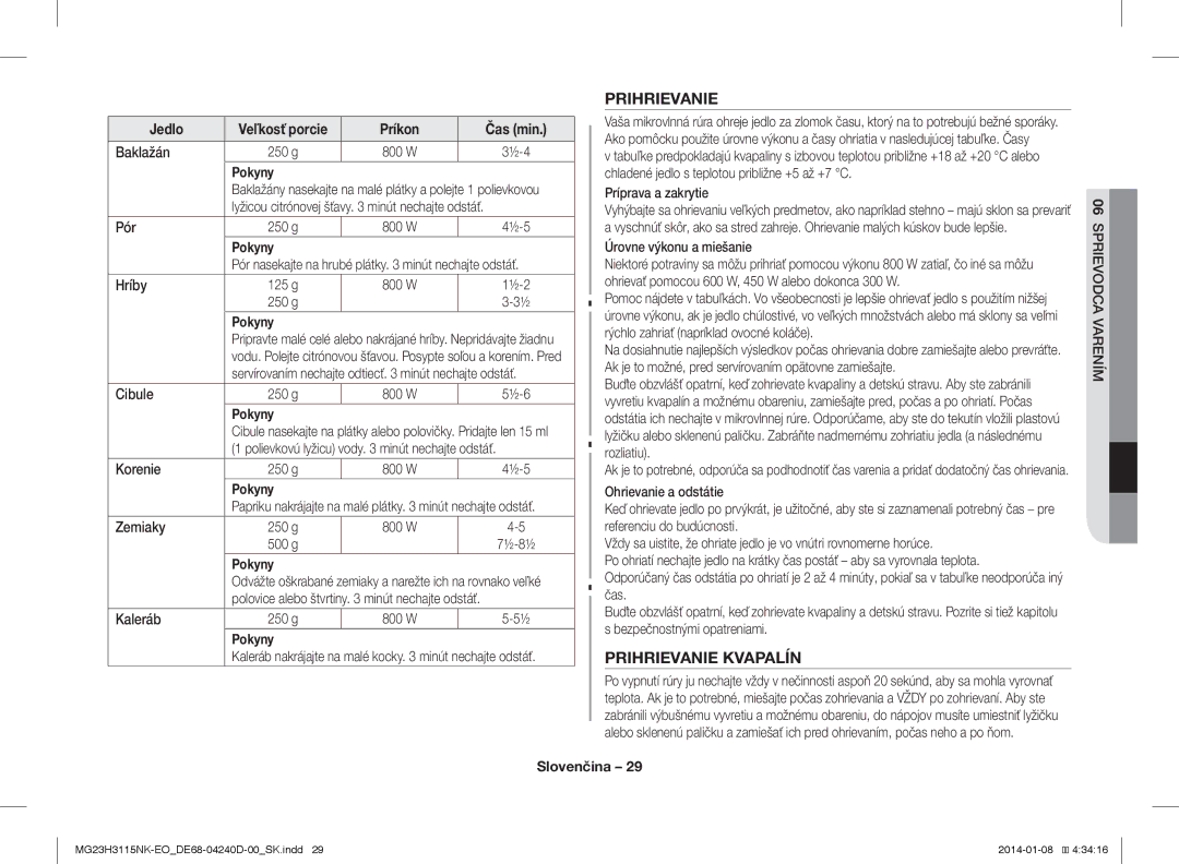 Samsung MG23H3115NK/EO manual Prihrievanie Kvapalín 