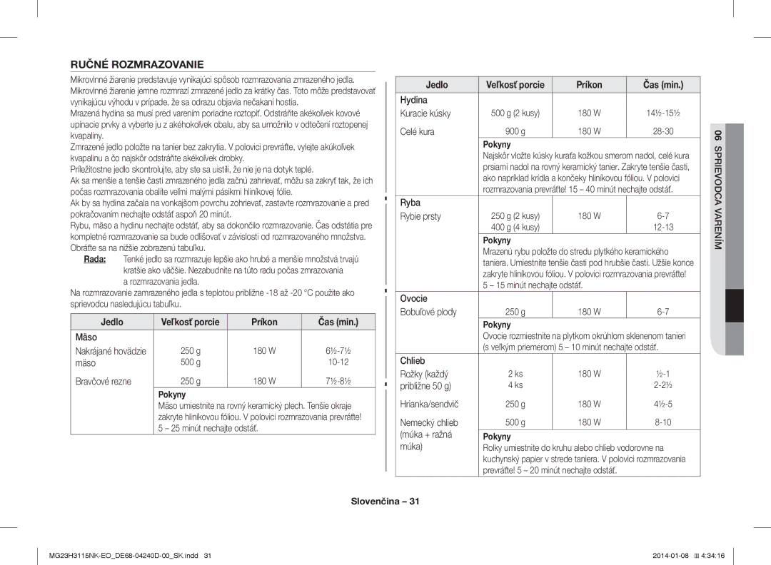 Samsung MG23H3115NK/EO manual Ručné Rozmrazovanie 