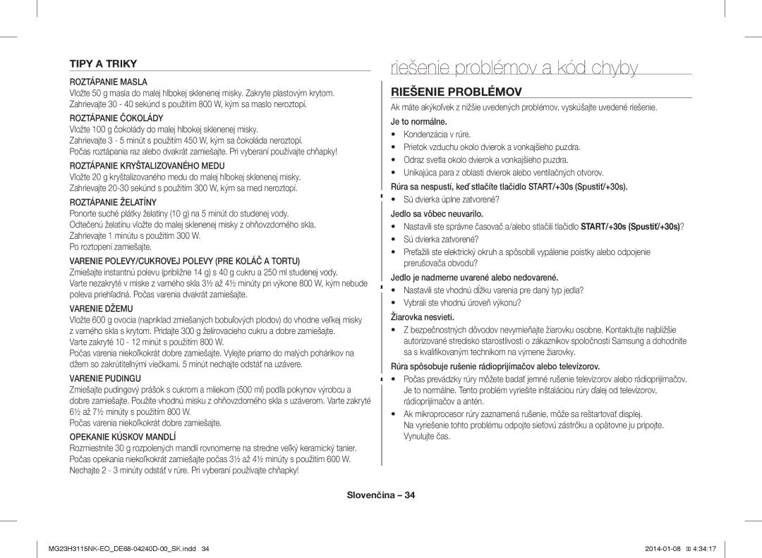 Samsung MG23H3115NK/EO manual Riešenie problémov a kód chyby, Riešenie Problémov, Tipy a Triky 