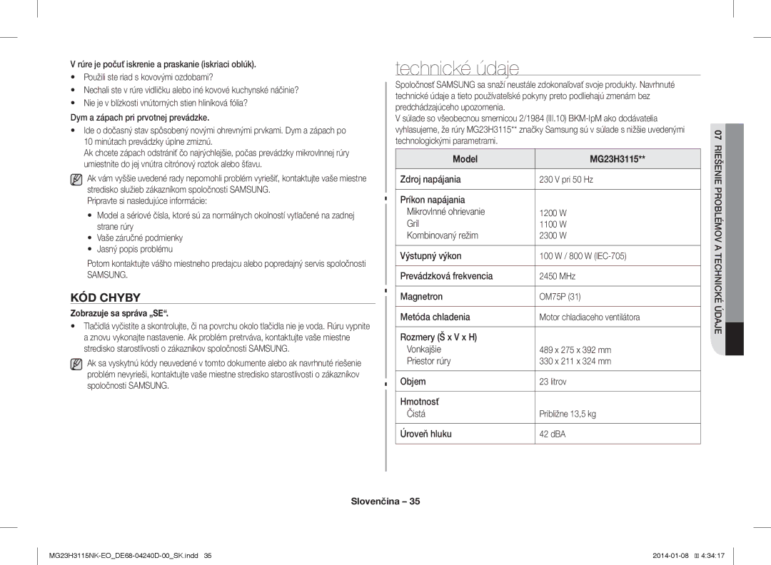 Samsung MG23H3115NK/EO manual Technické údaje, KÓD Chyby, Zobrazuje sa správa „SE 