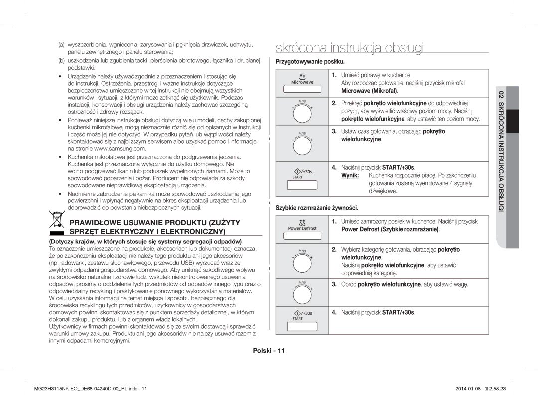 Samsung MG23H3115NK/EO manual Skrócona instrukcja obsługi, Przygotowywanie posiłku, Szybkie rozmrażanie żywności 