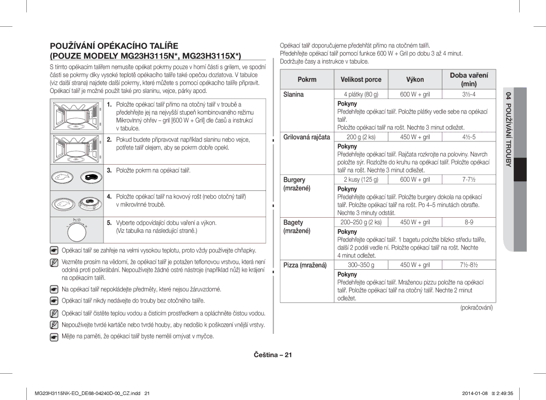 Samsung MG23H3115NK/EO manual Používání Opékacího Talíře, Pokrm, Výkon Doba vaření Min 