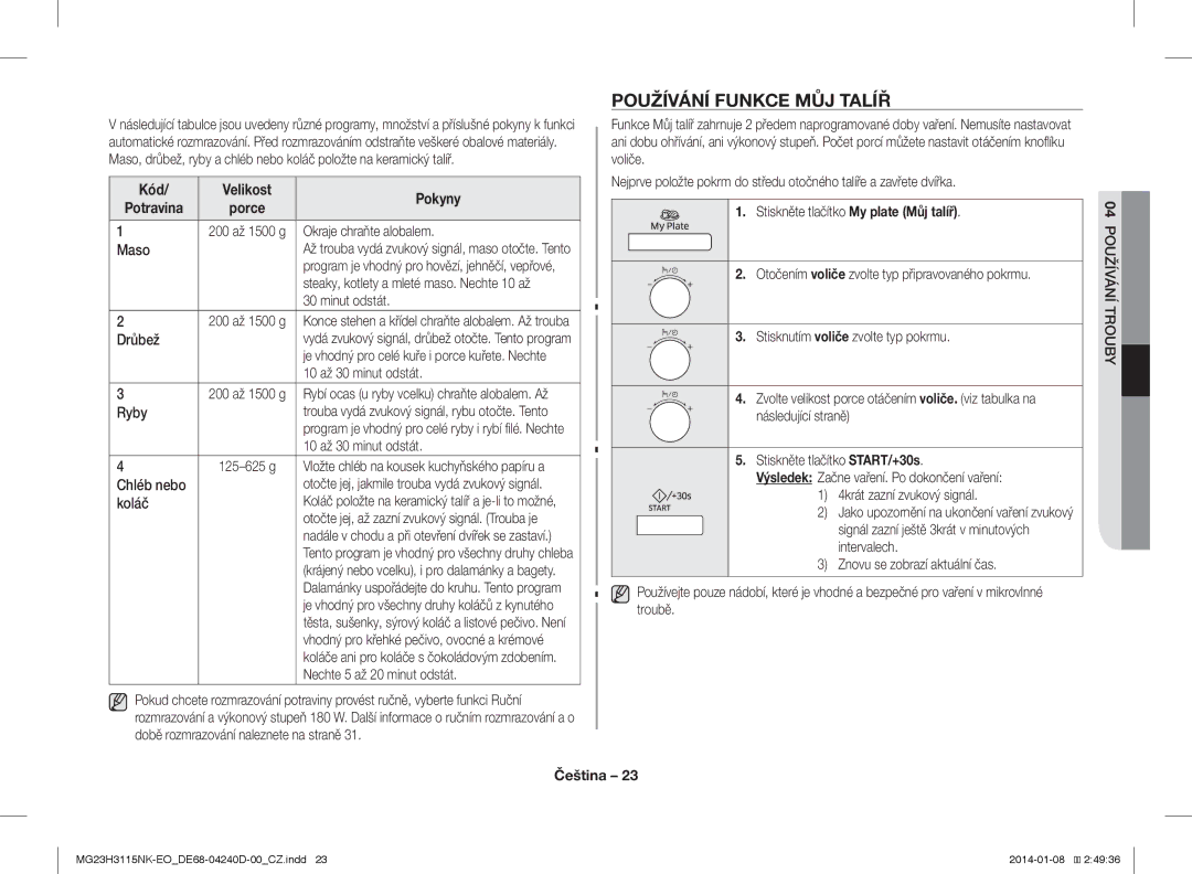 Samsung MG23H3115NK/EO manual Používání Funkce MŮJ Talíř, Stiskněte tlačítko My plate Můj talíř 