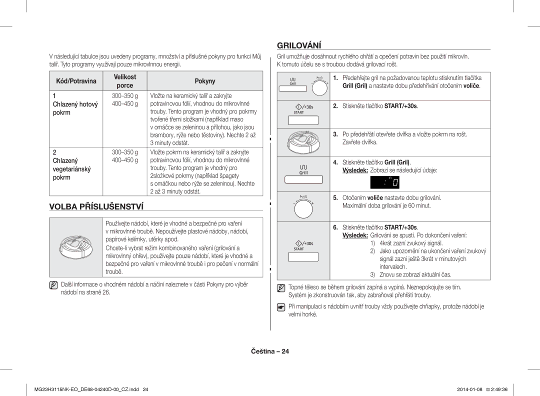 Samsung MG23H3115NK/EO manual Volba Příslušenství, Grilování, Kód/Potravina 