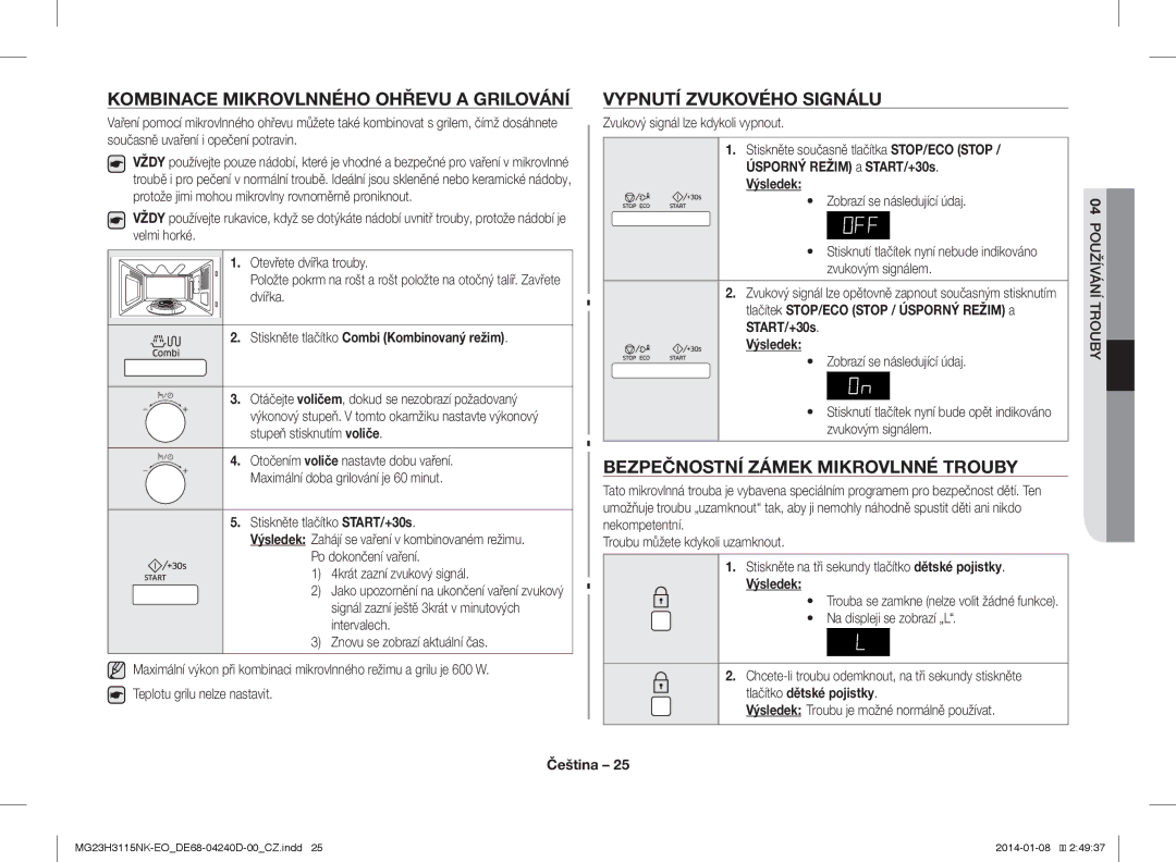 Samsung MG23H3115NK/EO manual Kombinace Mikrovlnného Ohřevu a Grilování, Vypnutí Zvukového Signálu 