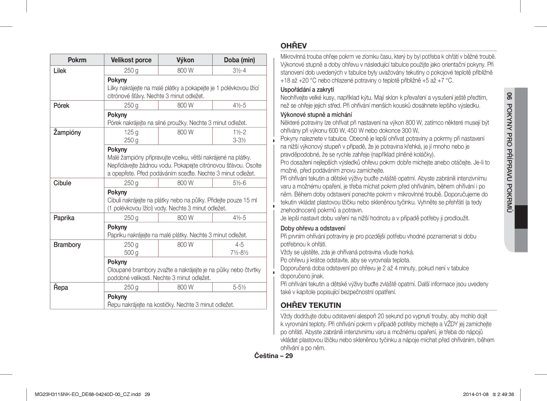 Samsung MG23H3115NK/EO manual Ohřev Tekutin 