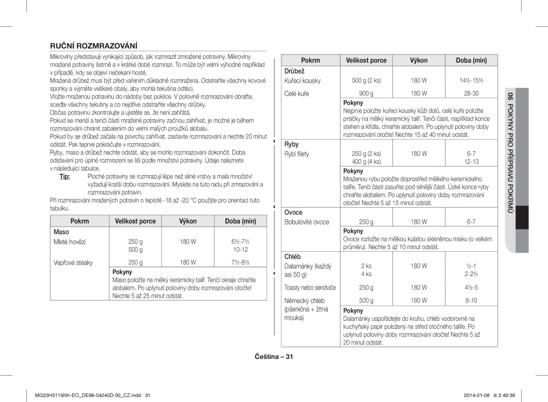 Samsung MG23H3115NK/EO manual Ruční Rozmrazování 