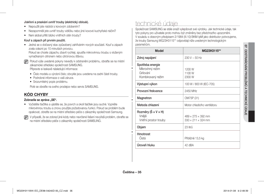 Samsung MG23H3115NK/EO manual KÓD Chyby, Zobrazila se zpráva „SE 