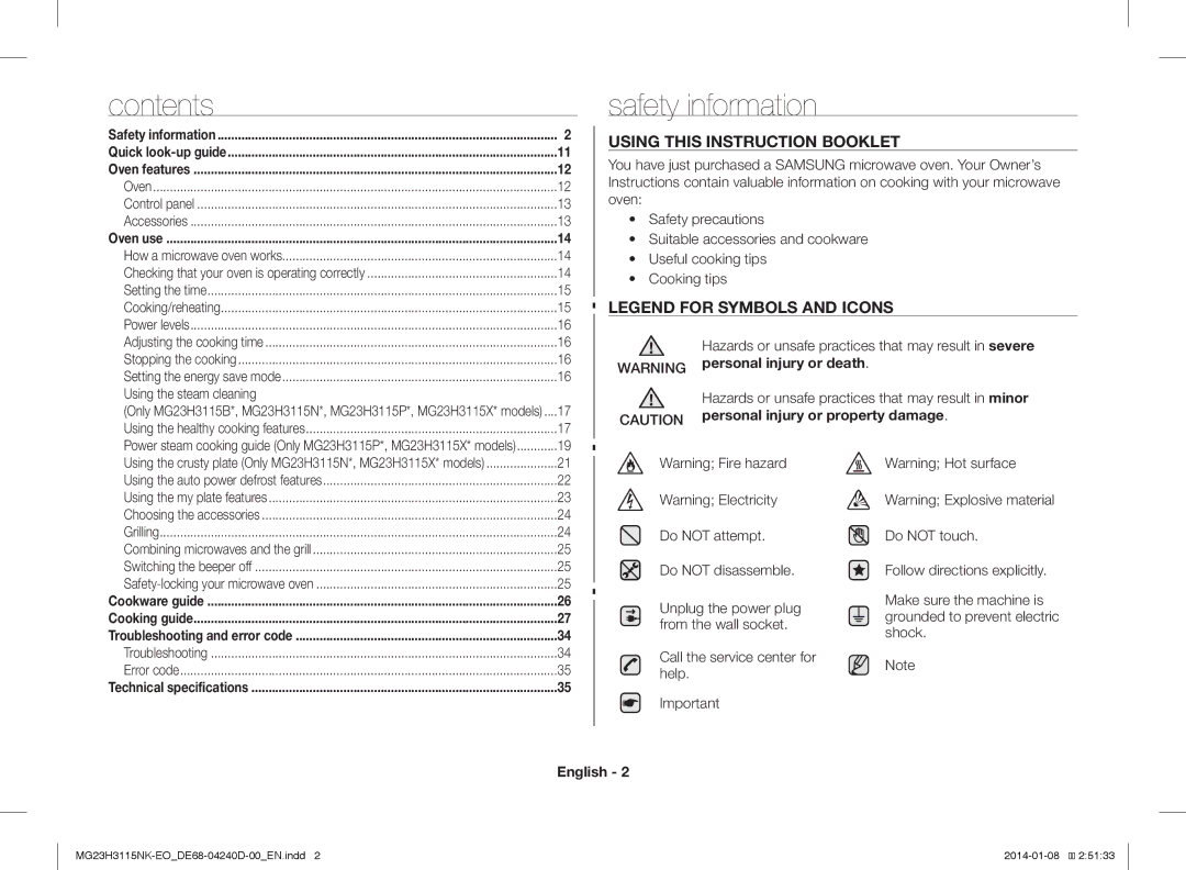 Samsung MG23H3115NK/EO manual Contents, Safety information 