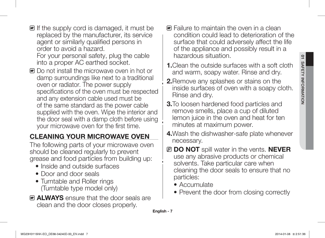 Samsung MG23H3115NK/EO manual Cleaning Your Microwave Oven 