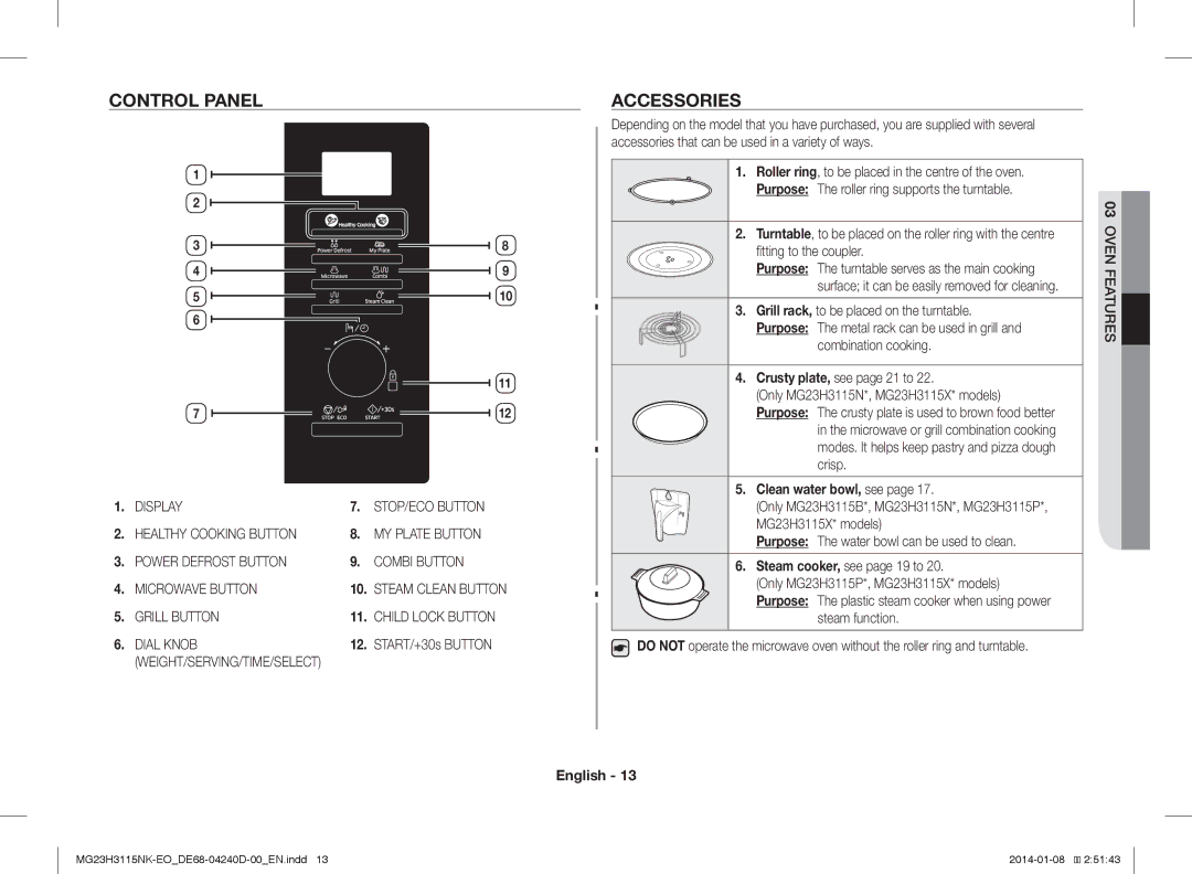 Samsung MG23H3115NK/EO Control Panel, Accessories, Combination cooking Crusty plate, see page 21 to, Clean water bowl, see 