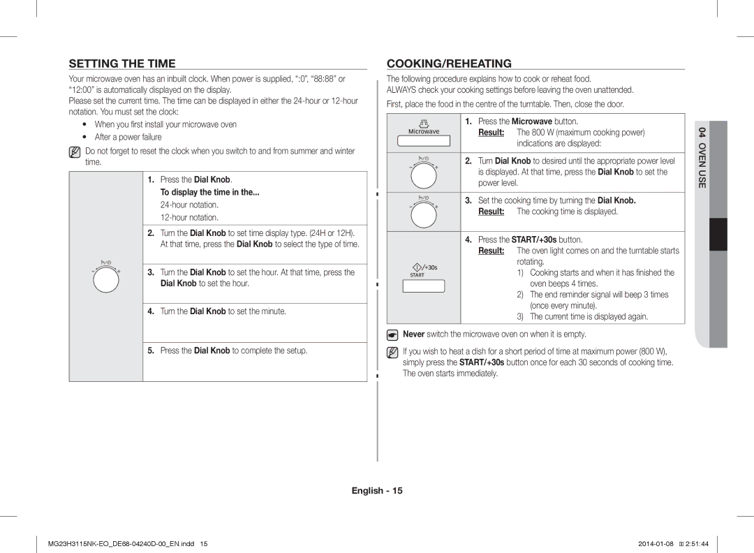 Samsung MG23H3115NK/EO manual Setting the Time, Cooking/Reheating, To display the time, Hour notation 