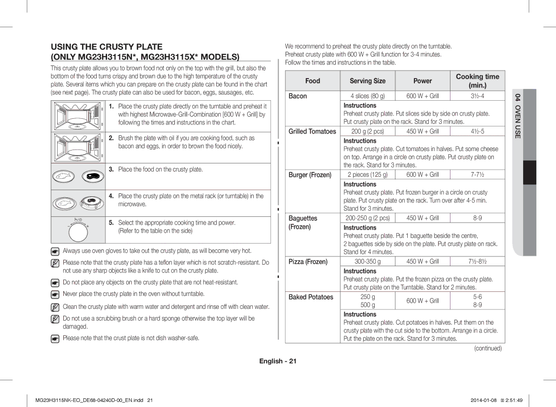 Samsung MG23H3115NK/EO manual Using the Crusty Plate, Food Serving Size Power Cooking time 