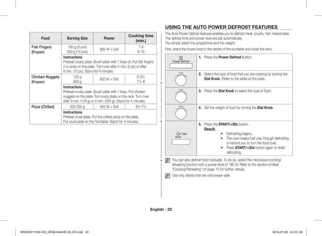 Samsung MG23H3115NK/EO manual Using the Auto Power Defrost Features, Press the Power Defrost button, Result 