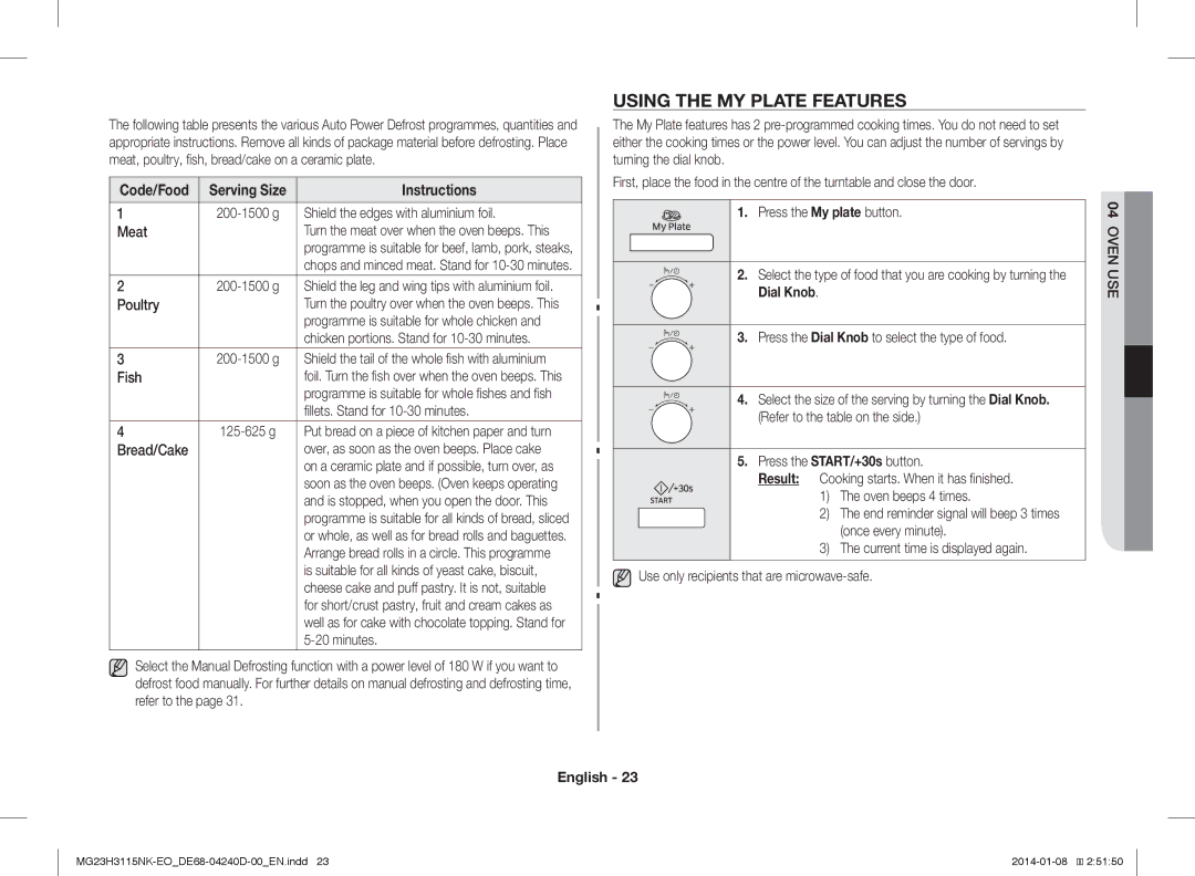 Samsung MG23H3115NK/EO manual Using the MY Plate Features, Code/Food Serving Size 