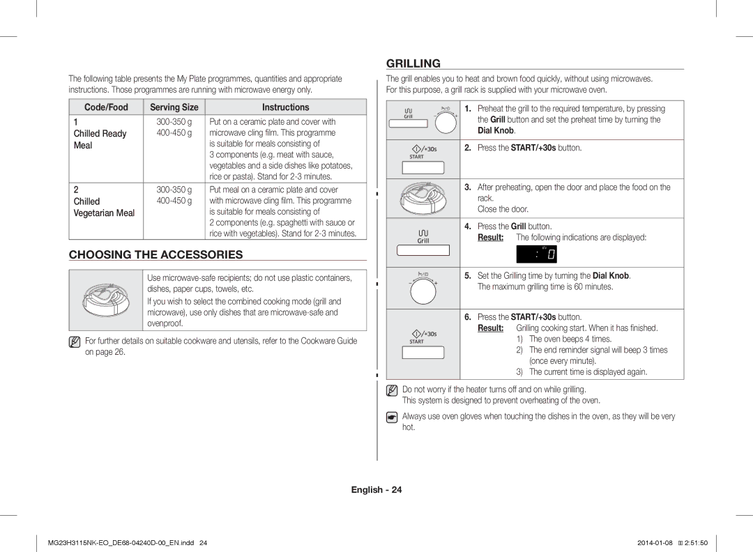 Samsung MG23H3115NK/EO manual Choosing the Accessories, Grilling, Code/Food Serving Size Instructions 