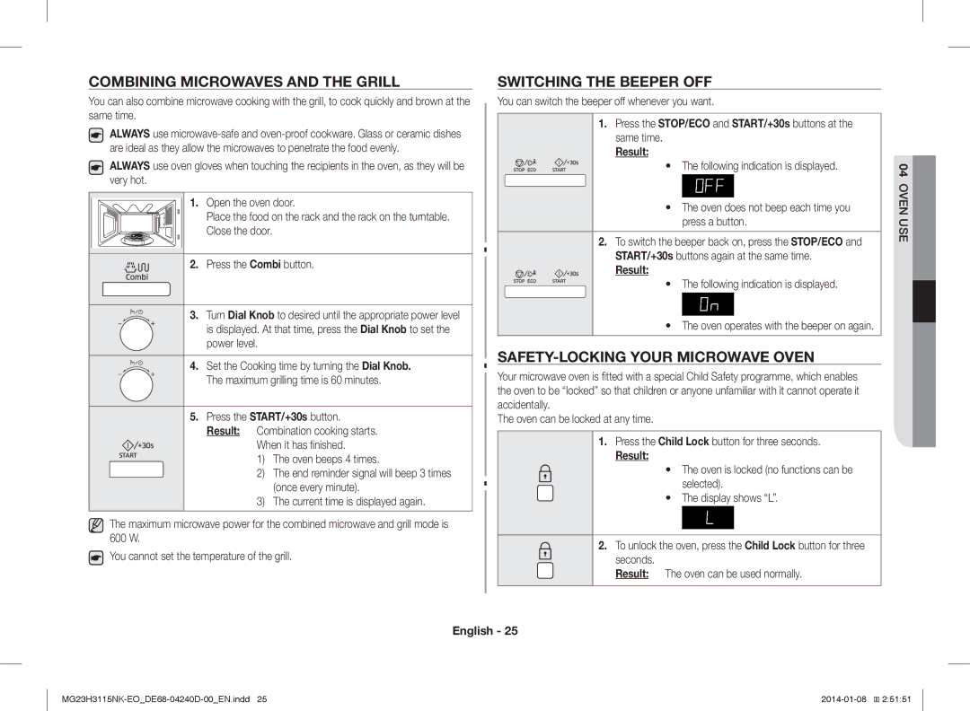 Samsung MG23H3115NK/EO Combining Microwaves and the Grill, Switching the Beeper OFF, SAFETY-LOCKING Your Microwave Oven 