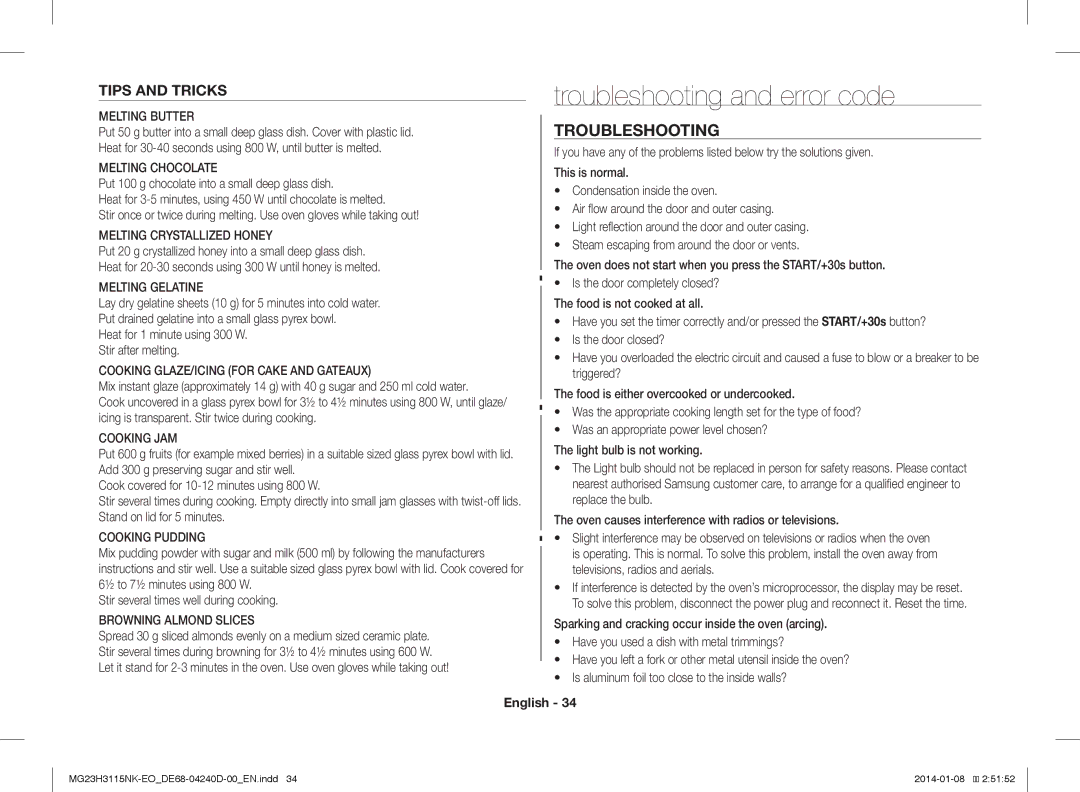 Samsung MG23H3115NK/EO manual Troubleshooting and error code, Tips and Tricks 