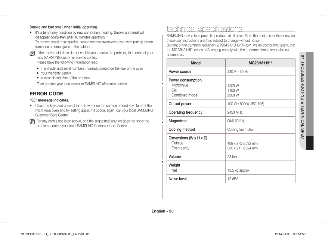 Samsung MG23H3115NK/EO manual Technical specifications, Error Code, Smoke and bad smell when initial operating 