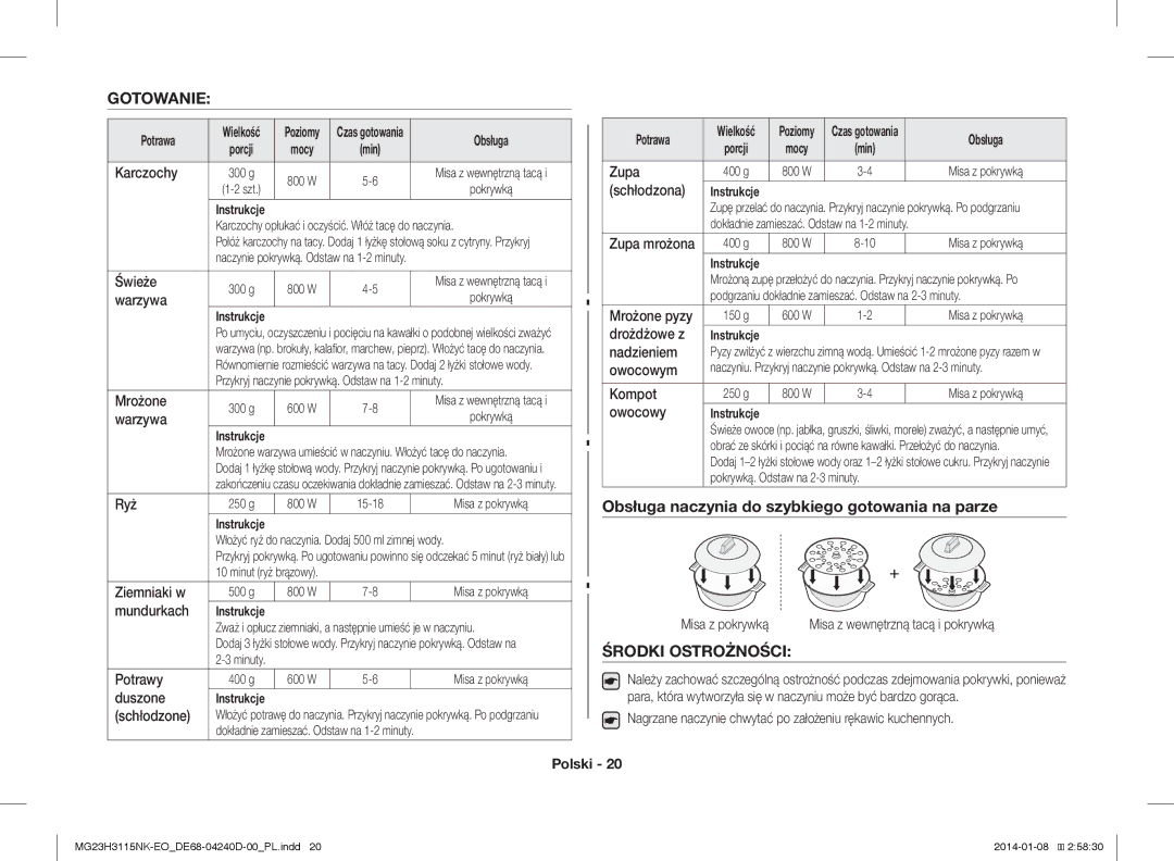 Samsung MG23H3115NK/EO manual Gotowanie, Obsługa naczynia do szybkiego gotowania na parze, Środki Ostrożności, Potrawa 