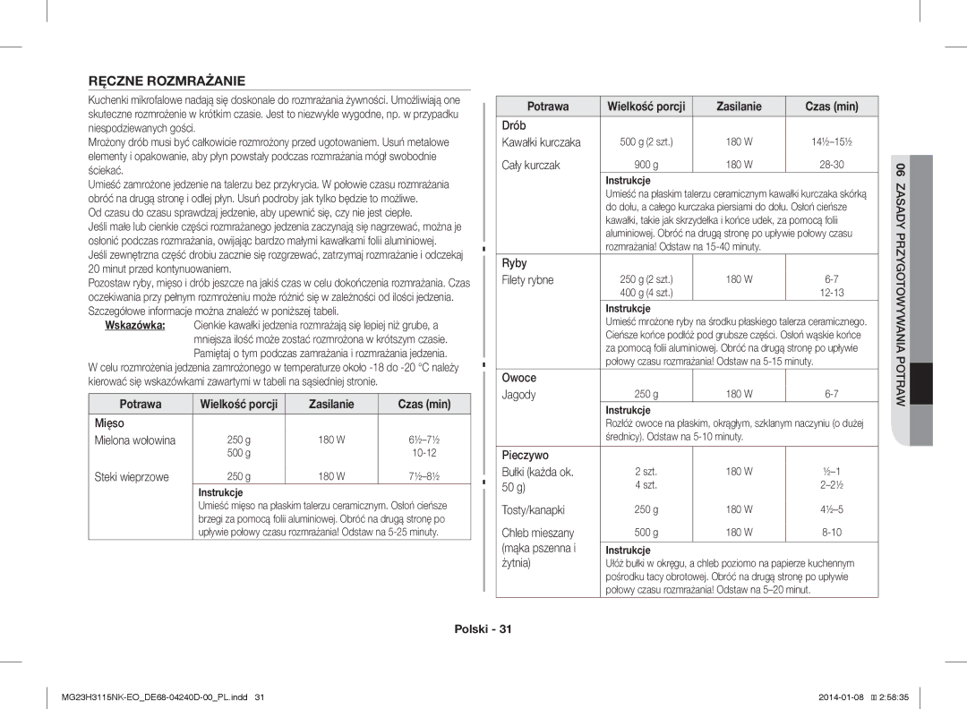 Samsung MG23H3115NK/EO manual Ręczne Rozmrażanie 