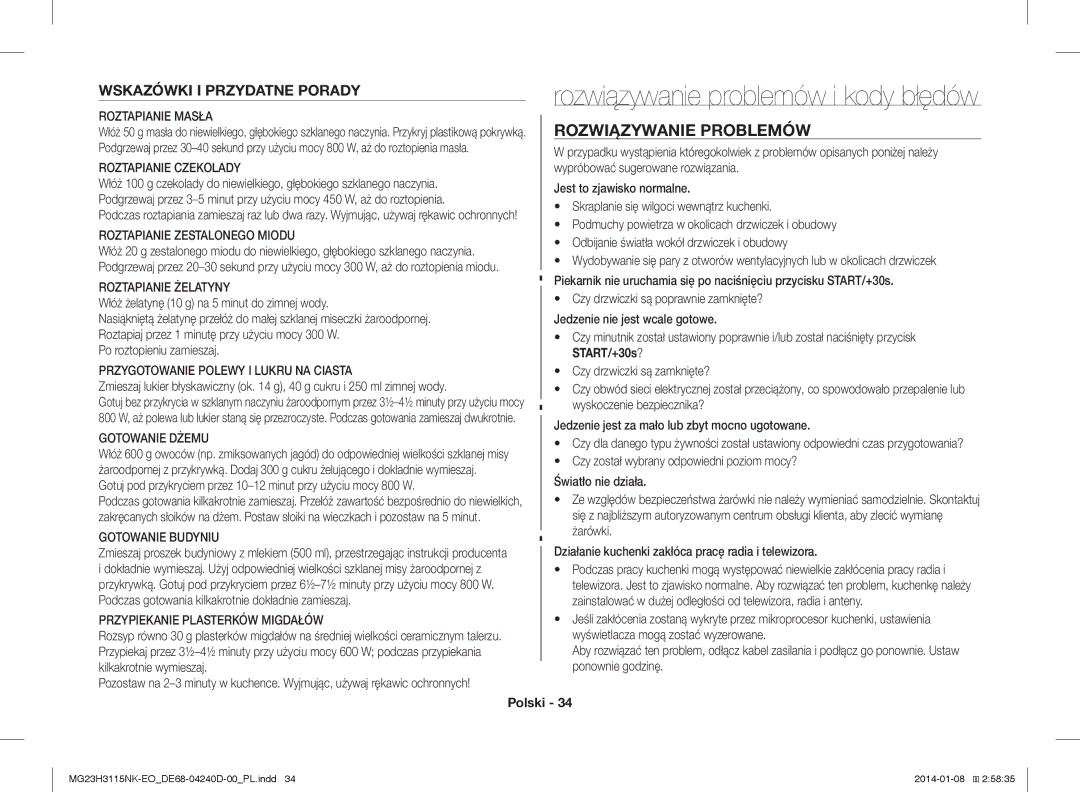 Samsung MG23H3115NK/EO manual Rozwiązywanie problemów i kody błędów, Rozwiązywanie Problemów, Wskazówki I Przydatne Porady 