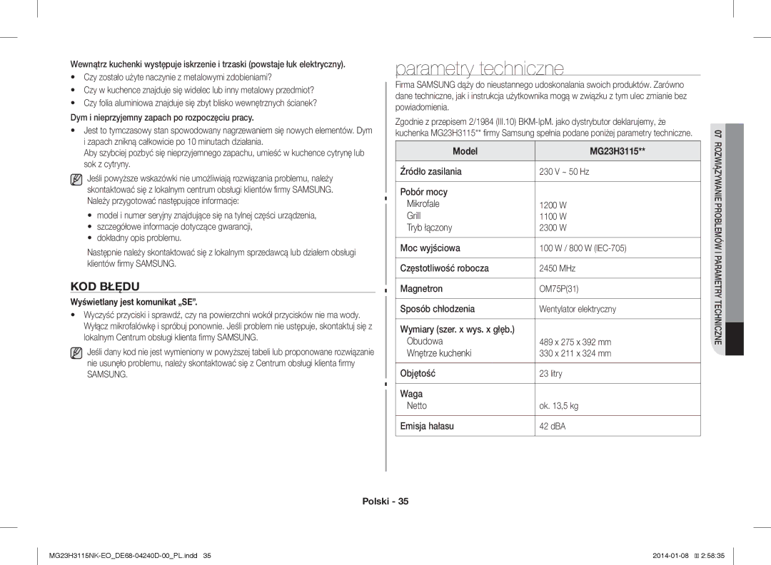 Samsung MG23H3115NK/EO manual Parametry techniczne, KOD Błędu, Wyświetlany jest komunikat „SE, Model MG23H3115 