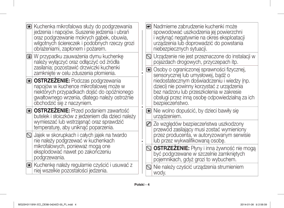 Samsung MG23H3115NK/EO manual Nie wolno dopuścić, by dzieci bawiły się urządzeniem 