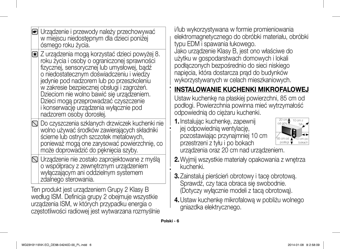 Samsung MG23H3115NK/EO manual Instalowanie Kuchenki Mikrofalowej, Instalując kuchenkę, zapewnij, Jej odpowiednią wentylację 