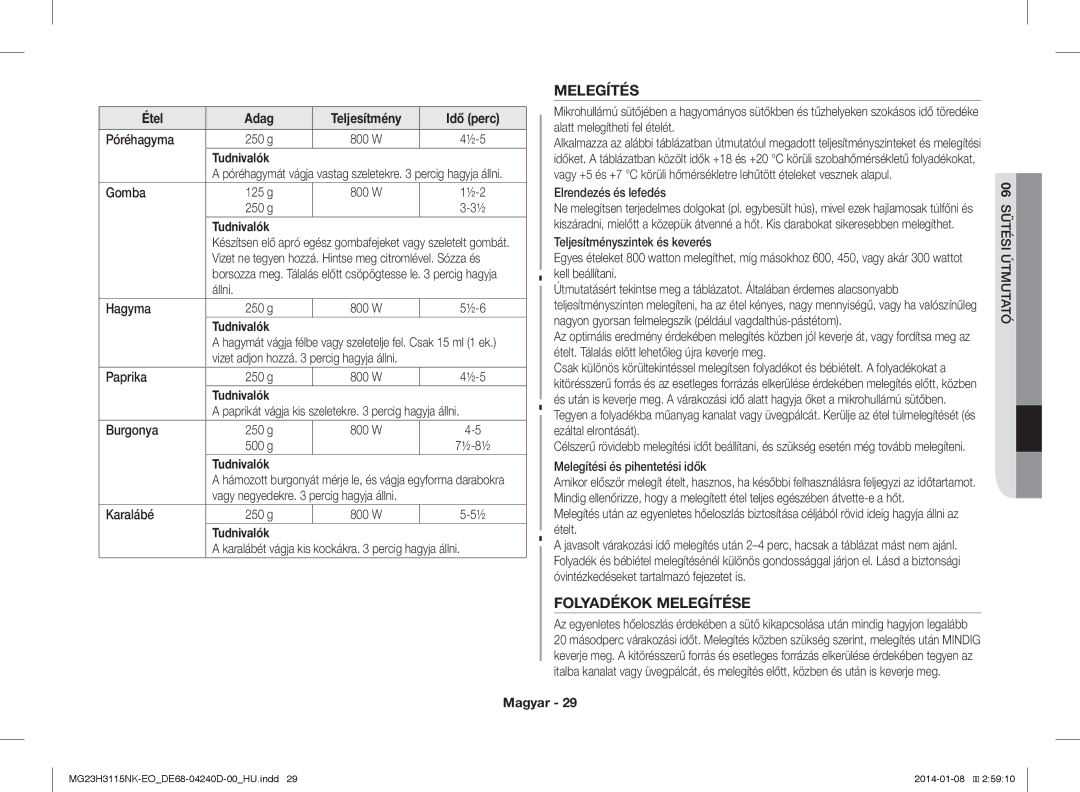 Samsung MG23H3115NK/EO manual Folyadékok Melegítése 