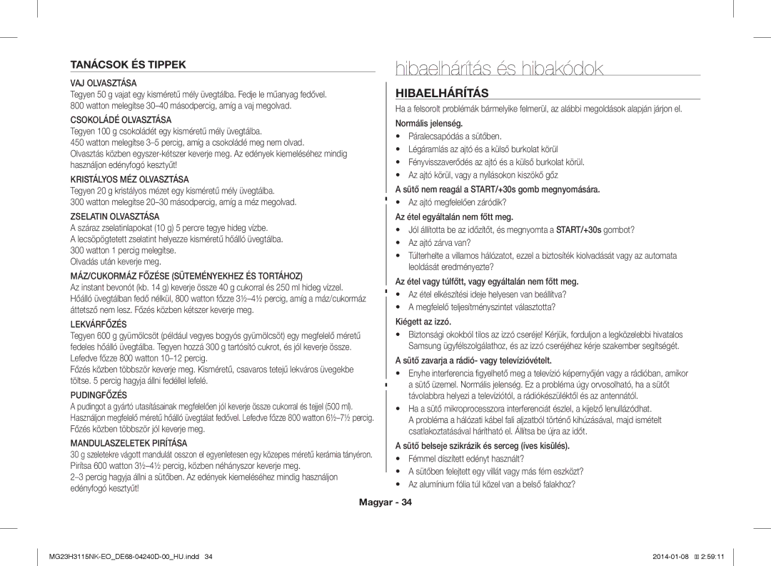 Samsung MG23H3115NK/EO manual Hibaelhárítás és hibakódok, Tanácsok ÉS Tippek 