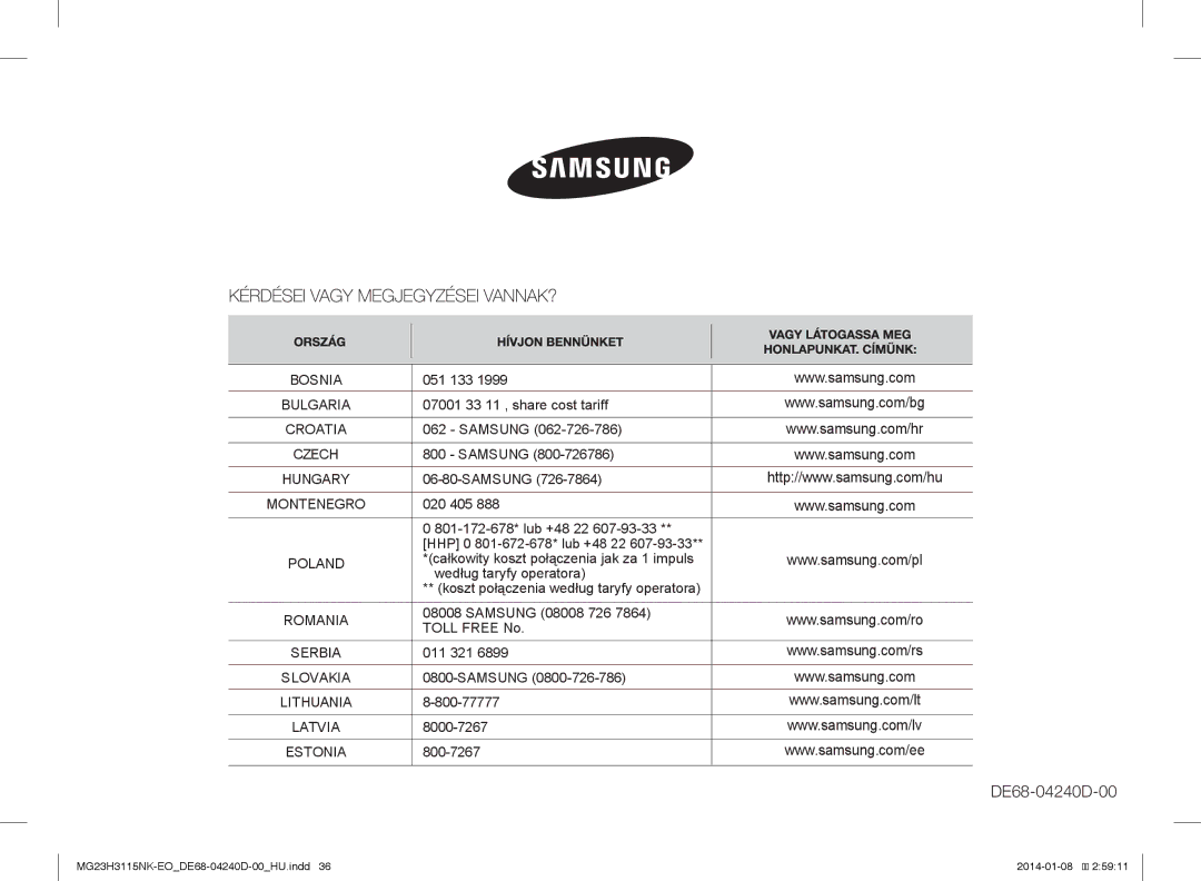 Samsung MG23H3115NK/EO manual 051 133, 07001 33 11 , share cost tariff, Samsung, 020 405 801-172-678* lub +48 22, 011 321 