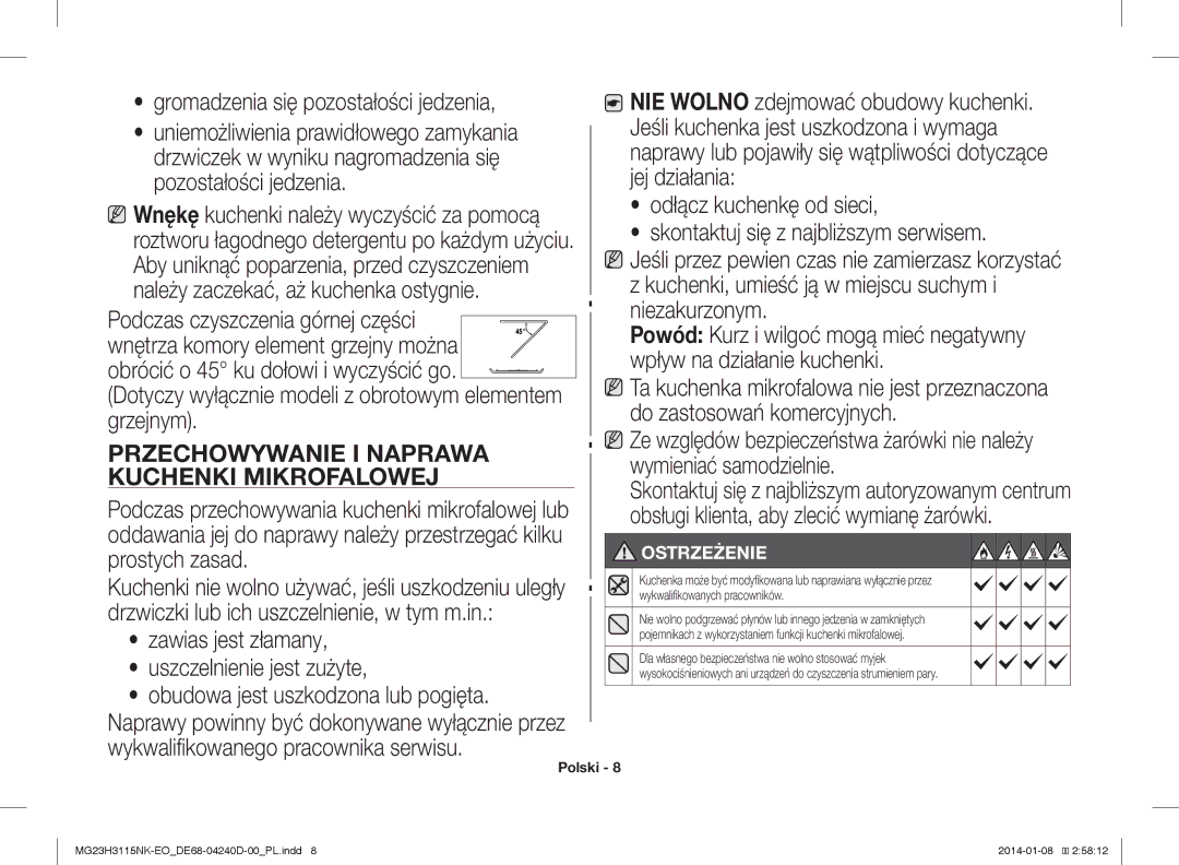 Samsung MG23H3115NK/EO manual Przechowywanie I Naprawa, Kuchenki Mikrofalowej 