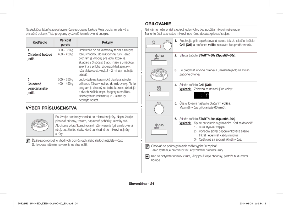 Samsung MG23H3115NK/EO manual Výber Príslušenstva, Grilovanie 