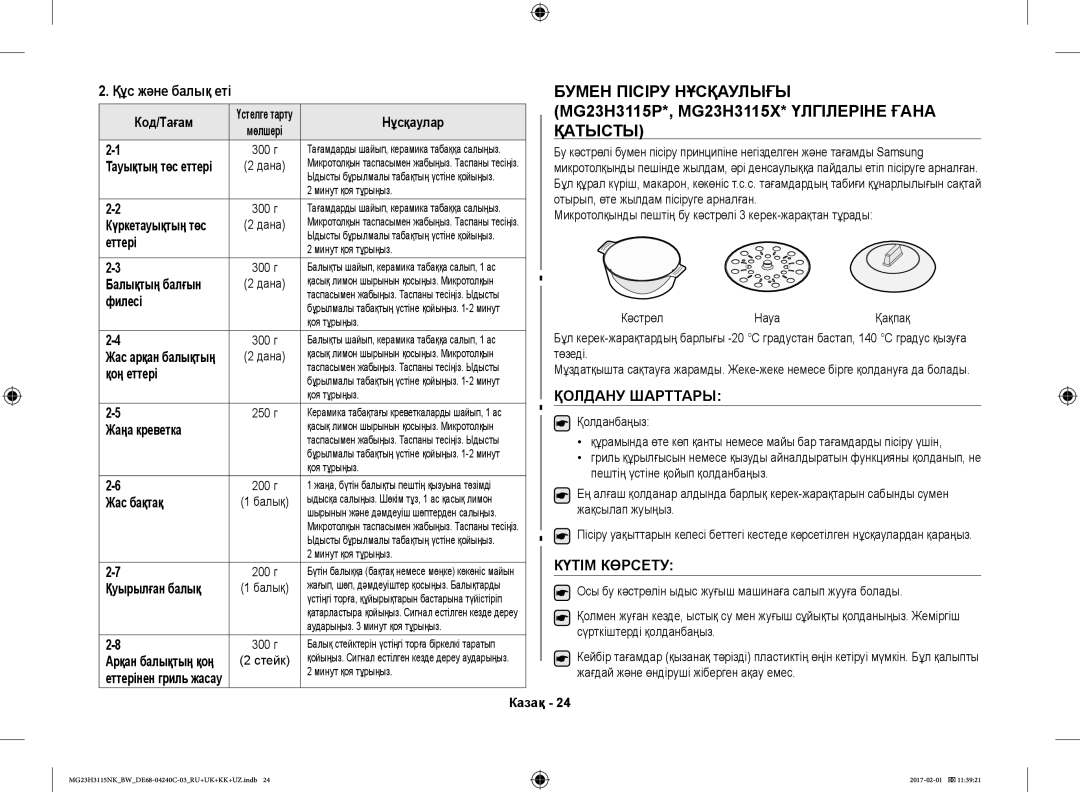 Samsung MG23H3115NW/BW, MG23H3115NK/BW manual Құс және балық еті, Қолдану Шарттары, Күтім Көрсету 