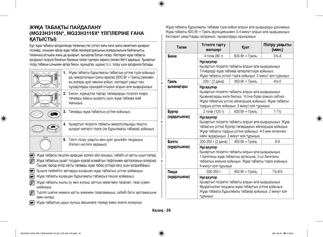 Samsung MG23H3115NW/BW manual Тағам Үстелге тарту Қуат Пісіру уақыты, Бекон, Гриль, Қызанақтары Нұсқаулар, Бургер, Багета 