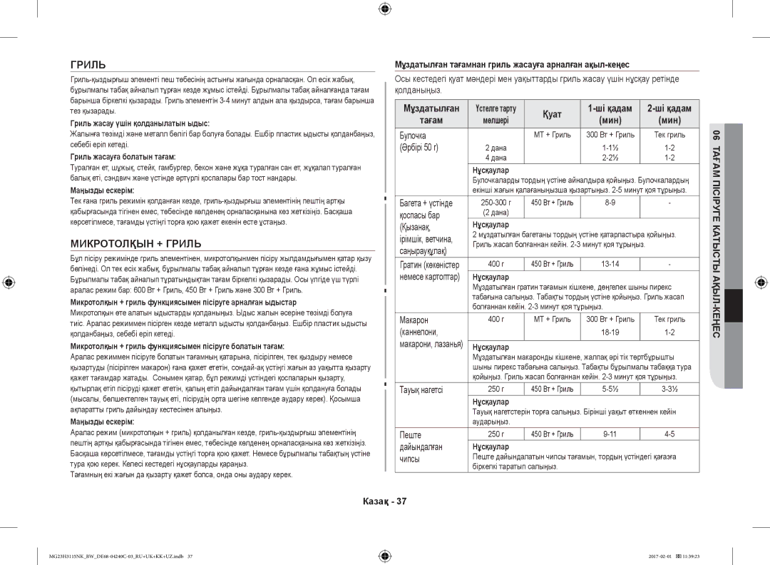 Samsung MG23H3115NK/BW manual Микротолқын + Гриль, Мұздатылған тағамнан гриль жасауға арналған ақыл-кеңес, Қуат Ші қадам 