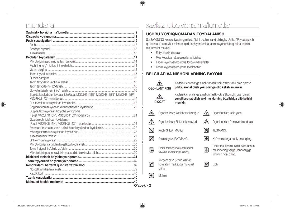 Samsung MG23H3115NW/BW manual Mundarija, Ushbu Yoriqnomadan Foydalanish, Belgilar VA Nishonlarning Bayoni, Mumkin, Ozbek 