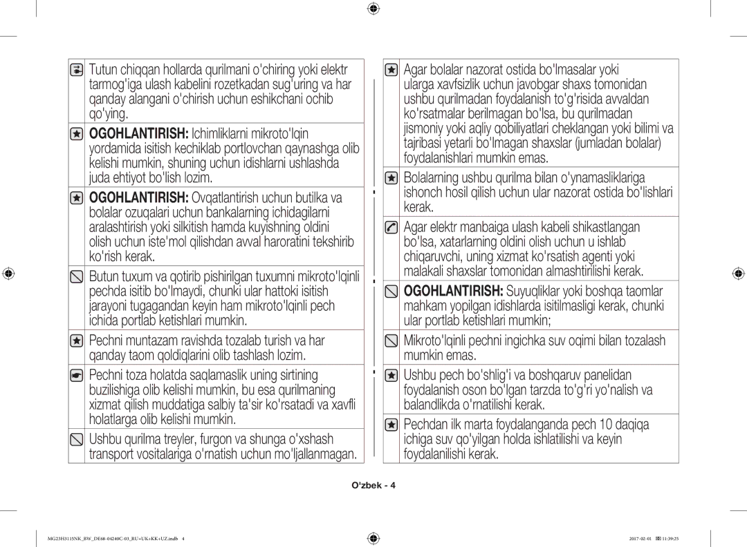 Samsung MG23H3115NW/BW, MG23H3115NK/BW manual Ozbek 