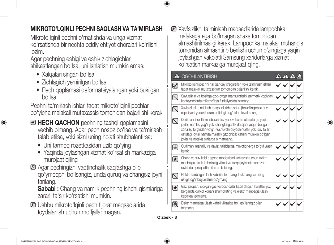 Samsung MG23H3115NW/BW Lozim, Agar pechning eshigi va eshik zichlagichlari, Ko’rsatish markaziga murojaat qling, Bolsa 