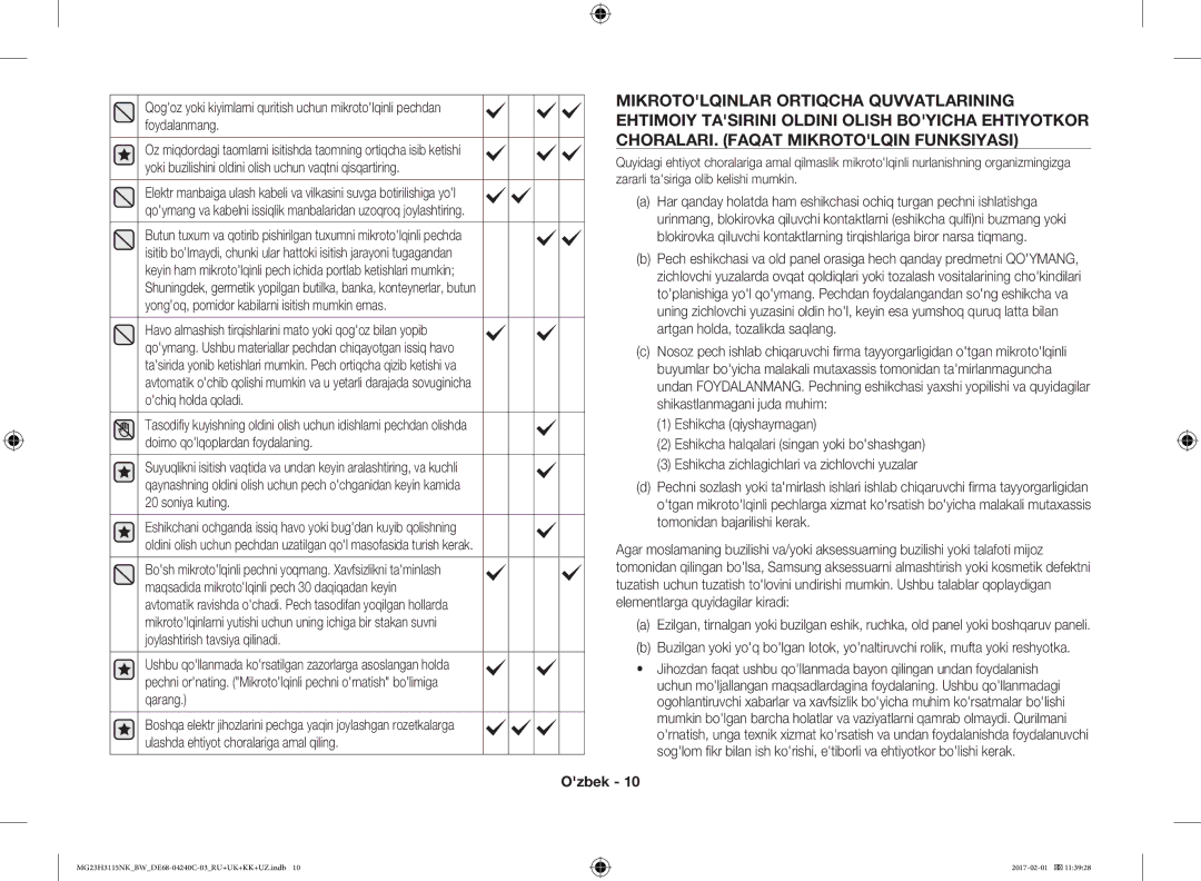 Samsung MG23H3115NW/BW, MG23H3115NK/BW manual Ozbek 