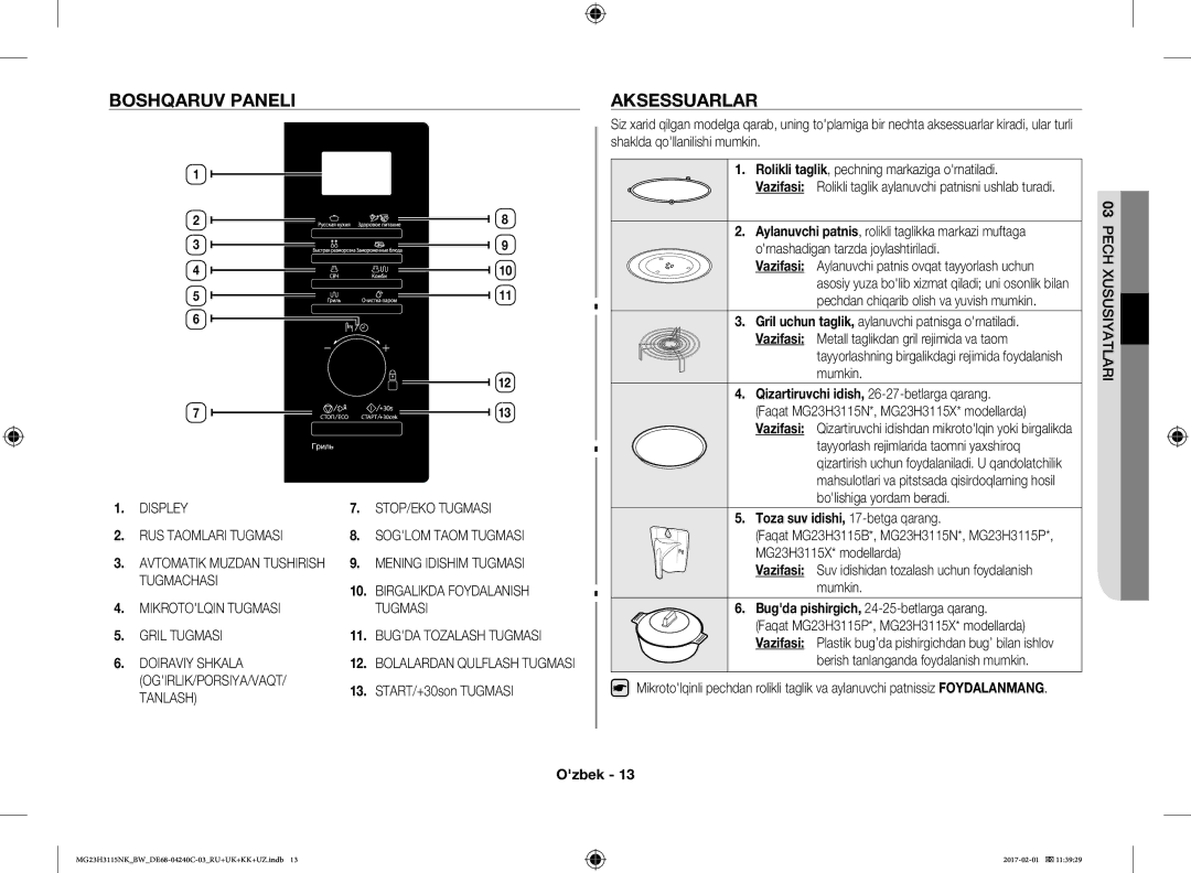 Samsung MG23H3115NK/BW, MG23H3115NW/BW manual Boshqaruv Paneli, Aksessuarlar, Toza suv idishi, 17-betga qarang 